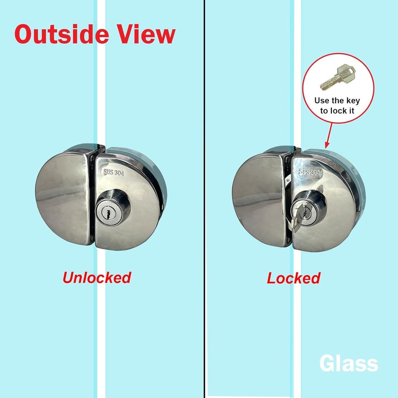 KS Hardware Stainless Steel 304 Grade Anti-Theft Security Double or Single Glass Door Lock with Keys Suitable for 10mm-12mm Glass Thickness - No Drill Holes Needed (Mirror Chrome) - Image 4